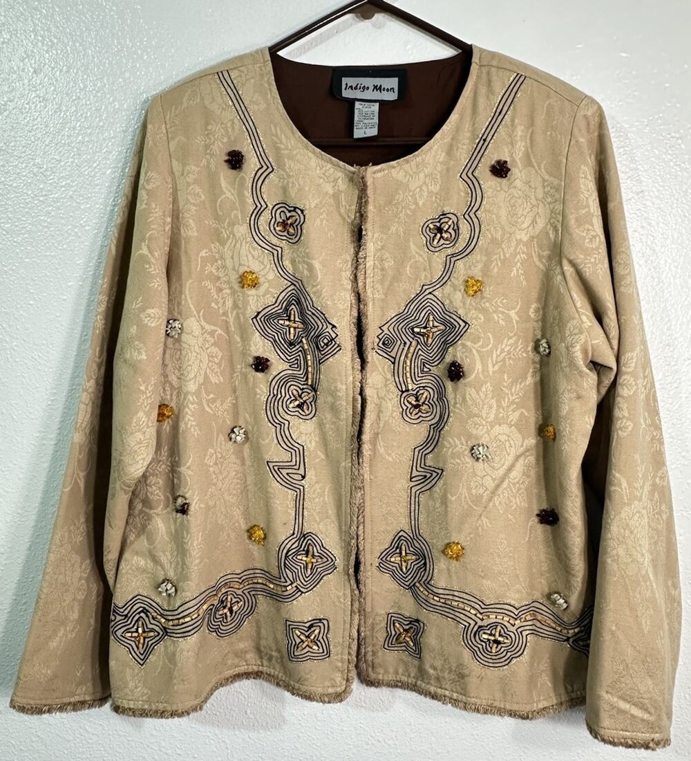 Indigo Moon Women’s L Embroidered Beaded Floral Jacquard Jacket Boho Art Wear